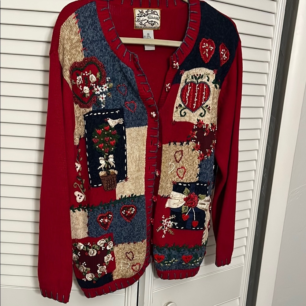 Heirloom Collectibles Vintage Red Patchwork Cardigan Sweater SZ M